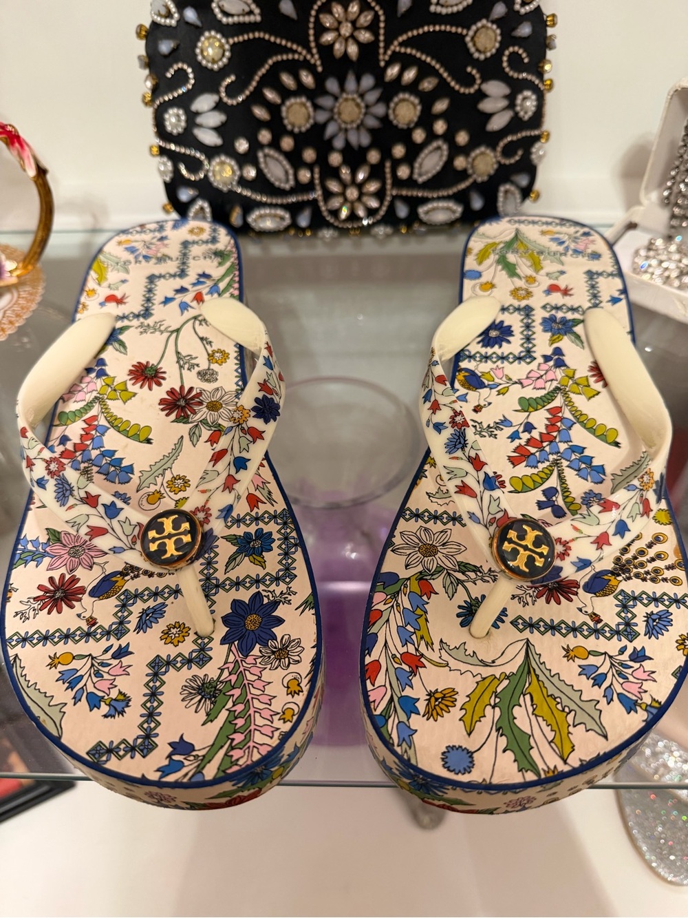 Tory Burch Floral Platform Flip-Flop Sandals in Cream, Blue, Green, Pink